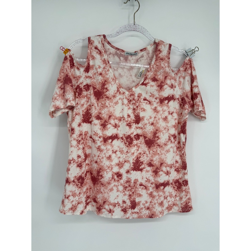 Cha Cha Vente Womens Red White Tie Dye Cold Shoulder V-Neck Ribbed Top‎ Sz M